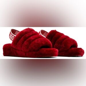 UGG Red Fluffy Slide Slippers